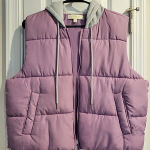 Purple Puffer Vest with Gray Hood